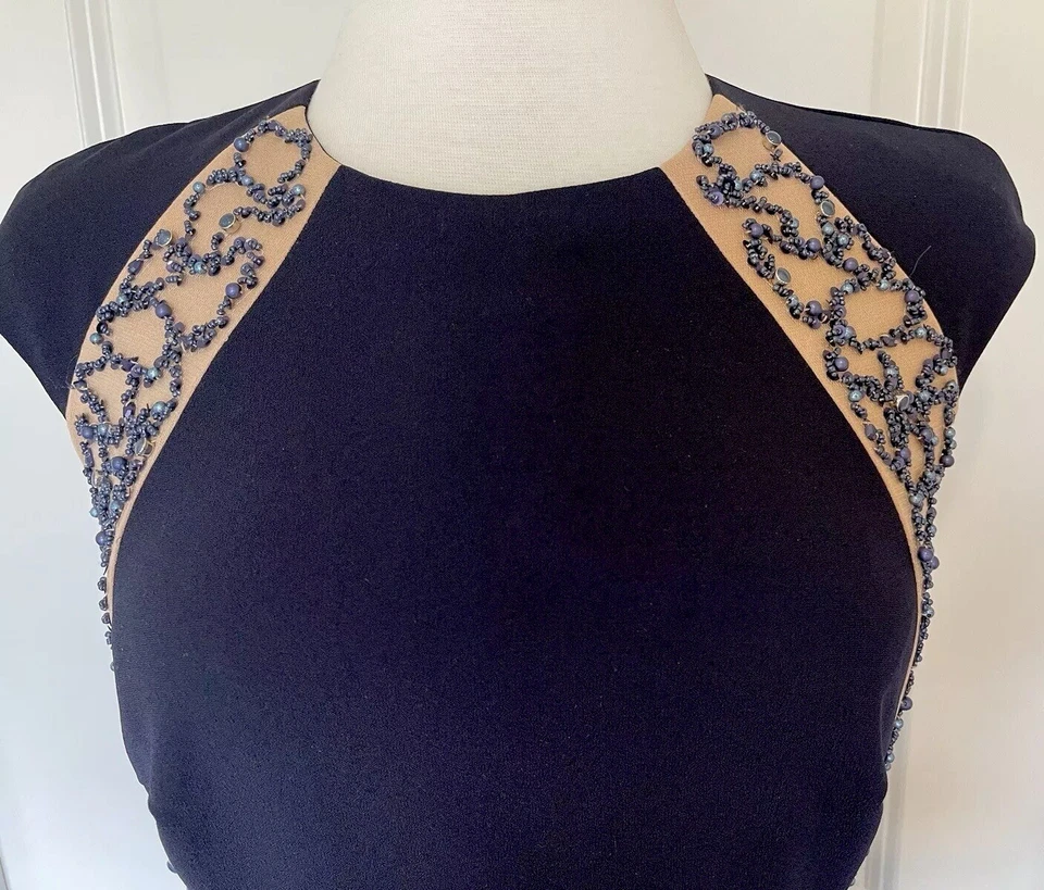 Платье-футляр Terani Couture темно-синее/обнаженное с бисером размер-10 ~ стильное и элегантное - Изображение 4 из 4