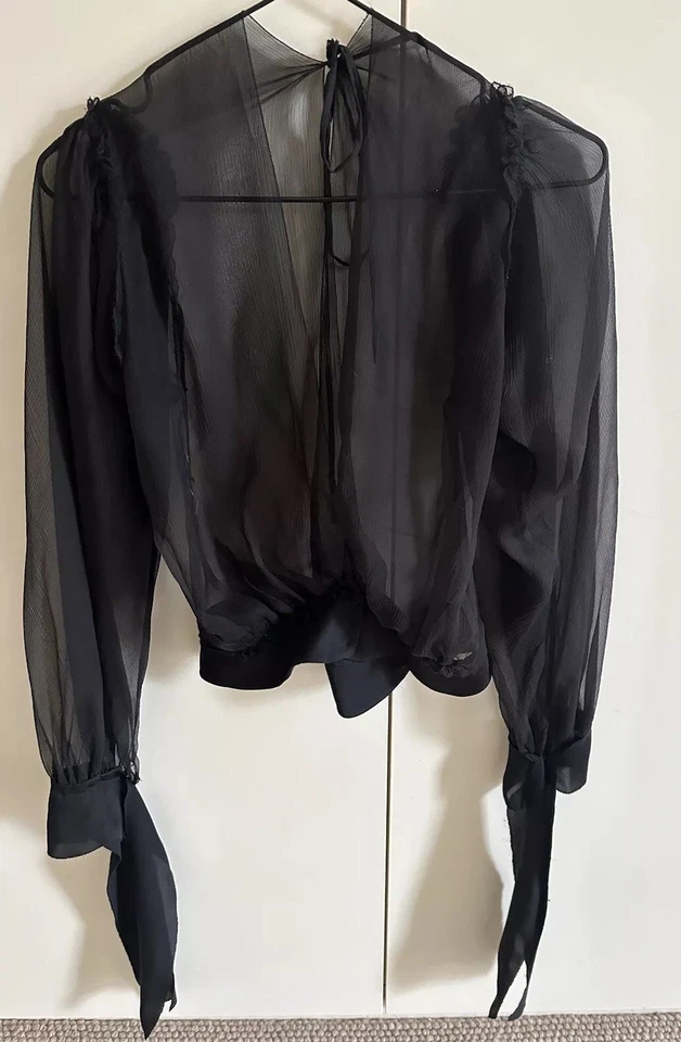 Blusa ALBERTA FERRETTI Negra Gasa Seda Transparente PEQUEÑA Top Manga Larga Usada Una Vez Foto 2 de 4