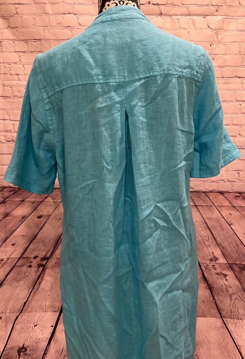 Harris Cotton Women Blue 100% Linen Made in Greece SS V-Neckline Pleated  Dress S | eBay
