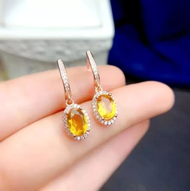 2.50CT Oval Lab Citrine Halo Drop Earrings in 14K Rose Gold Plated