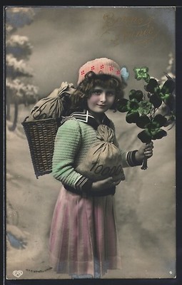 Foto-AK EAS Nr. 6: Mädchen mit Geldsäcken, Neujahrsgruss 1911 