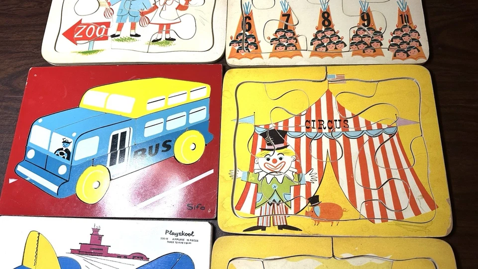 Conjunto de 6 quebra-cabeças infantis antigos de madeira e 1 de plástico para crianças Playkool Outros - Imagem 3 de 4