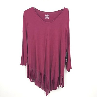 Slim Factor Lauren Blouse Top Womens Size 1X Red Asymmetrical Fringe Hem Boho