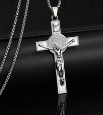 Catholic St. Benedict Crucifix Necklace - Stainless Steel Cross Medal Pendant
