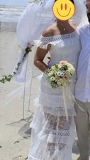 Wedding dress White Lace Fringe Off-Shoulder Beach Boho Column Sheath Dress, M