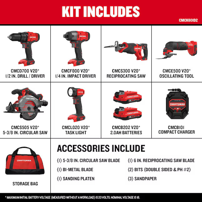 CRAFTSMAN V20 20-volt Max 6-Tool Power Tool Combo Kit with Soft Case (2-Batterie alternate view 2