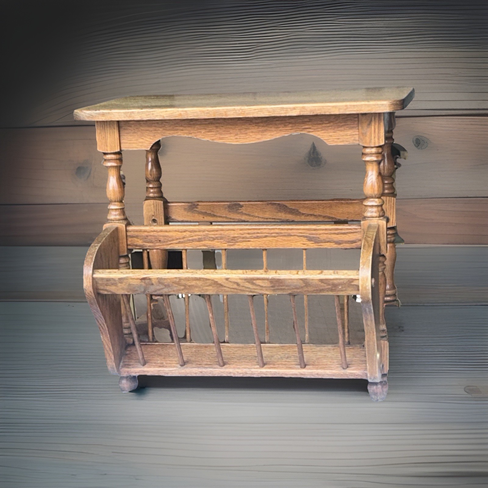 Light Brown Wood Rectangular Magazine Table with Built-In Magazine Rack