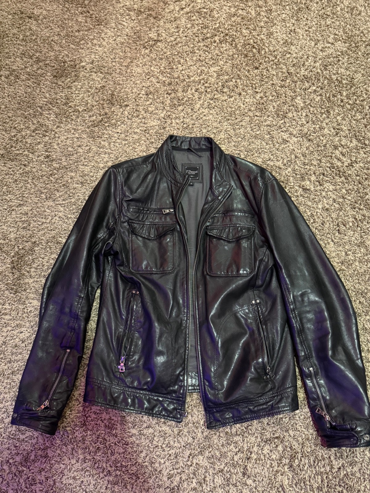 7-Pocket Genuine Leather Jacket with Diamond Accents