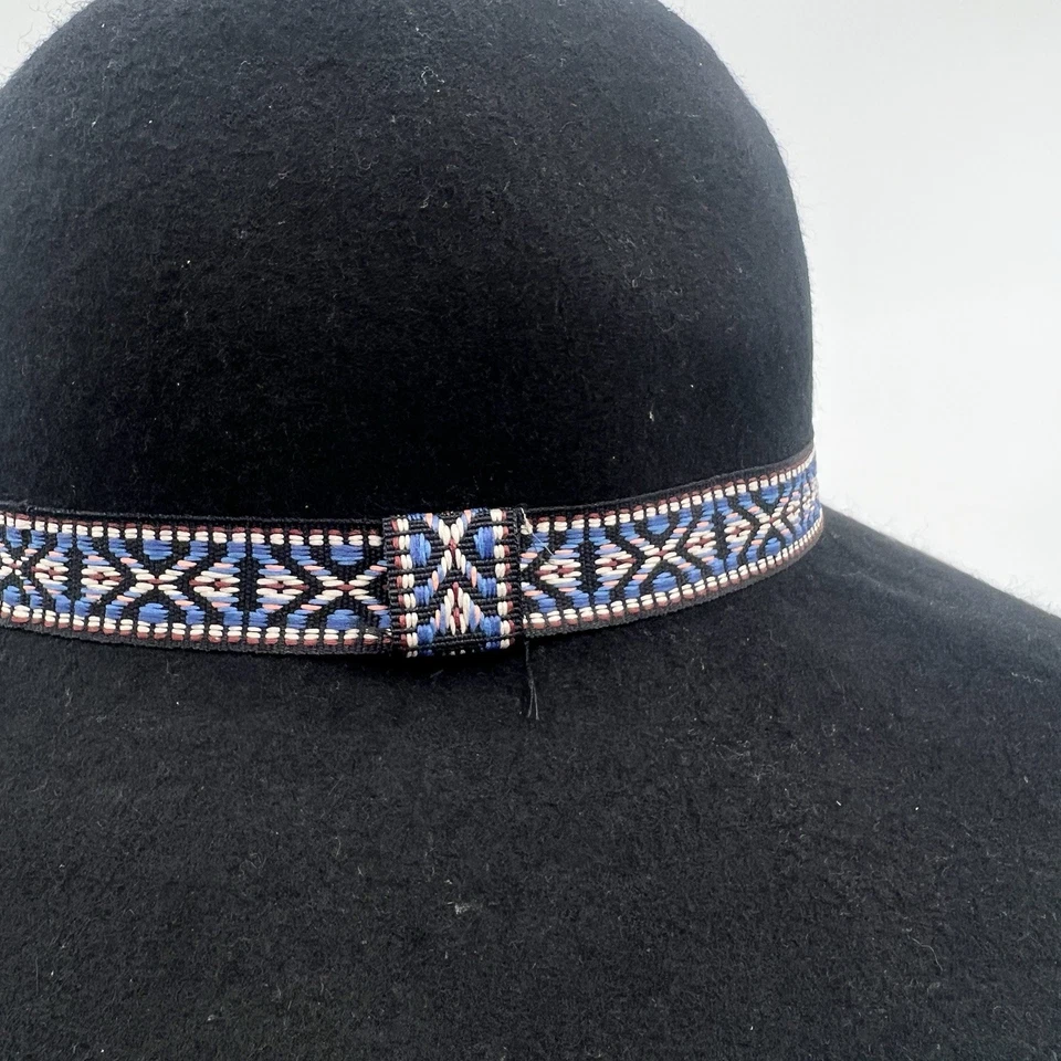 Sombrero de fieltro negro 100 % lana Lucky Brand ala ancha con banda azteca occidental boho Foto 3 de 4