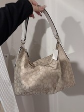 Coach Beige Logo Shoulder Bag White Leather Strap Gold Hardware Zip Closure