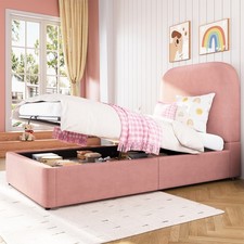 Velvet Upholstered Kids Single Ottoman Bed with Hydraulic Storage 90x190cm Pink