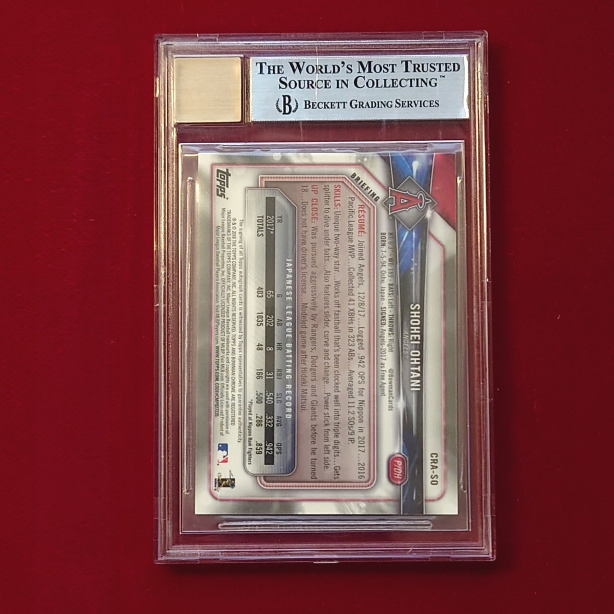 BGS9 Auto10 Pitching OHTANI 17 RC Auto 2018 Topps Bowman Chrome Auto card CRA SO view 3