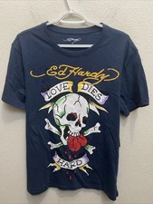 Ed Hardy Men's Large Blue Short Sleeve "Love Dies Hard" Skull Heart T-shirt NWT