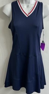 lija tennis dress Marine Blue Sleeveless Red Stripe V-Neck New Size XS