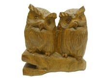 VINTAGE PAIR OF HAND CARVED WOODEN TIMBER STATUE FIGURINE OWLS ON BRANCH DECOR