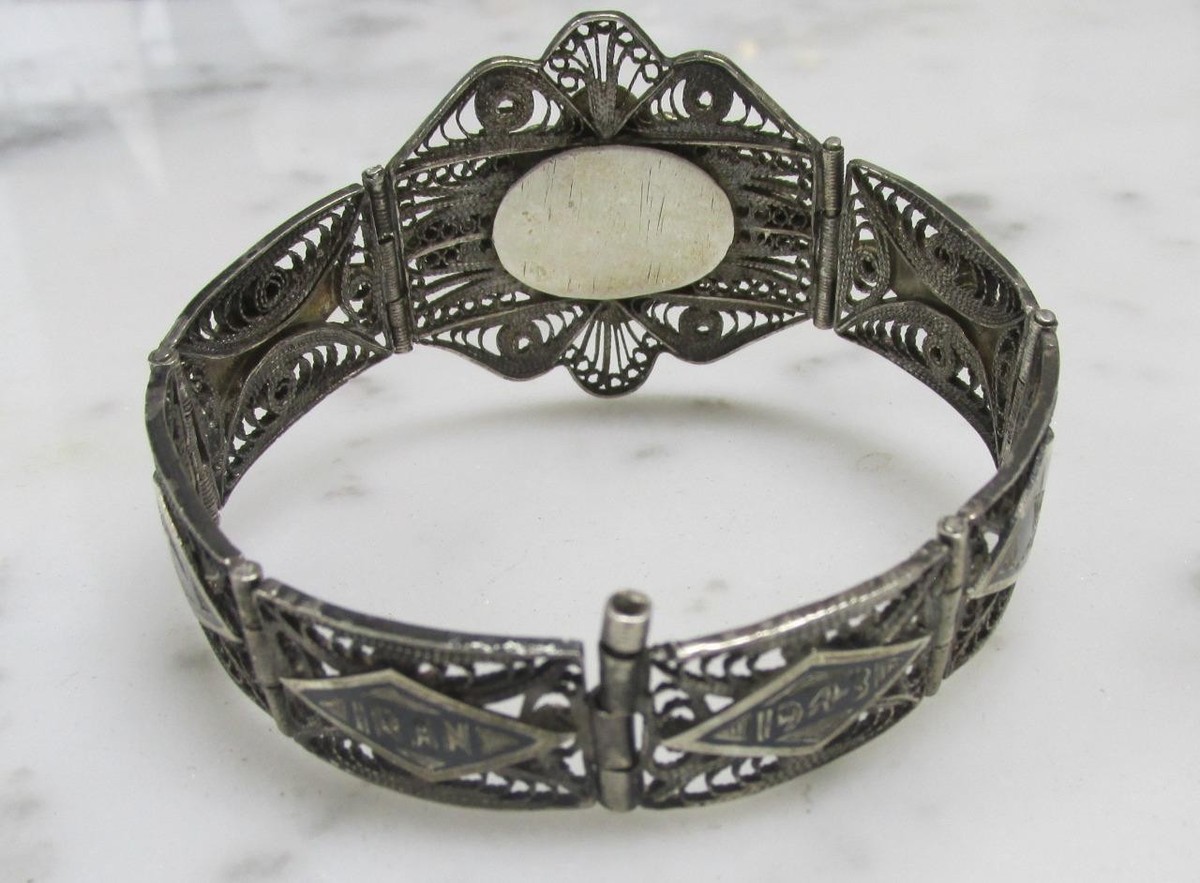 Vintage 1943 Iran Sterling Silver Filigree Niello Bracelet ~ 31g