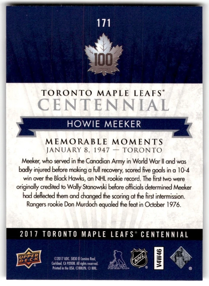 Howie Meeker 2017-18 Upper Deck Toronto Maple Leafs Centennial SP #171 - Image 2 of 2