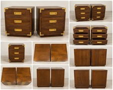 Pair of Vintage Campaign Style 3 Drawer Bedside Cabinets – faux Brass Detail