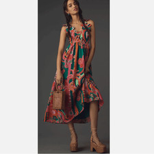 NWT Farm Rio x Anthropologie Pleated Palm Midi Dress Strappy Lined Size XXS