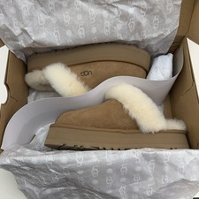 UGG Women's Disquette Suede Chestnut Woolen Warm Platform Slippers Authentic