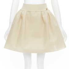 CHANEL light beige gold CC logo button flared skater skirt FR40 L