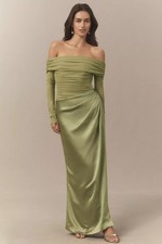 NWT BHLDN Off-Shoulder Stretch Mesh Maxi Dress with Side Slit Thyme Leaf XS