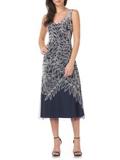 JS COLLECTION Womens Navy Zippered Sleeveless V Neck Midi Evening A-Line Dress 2