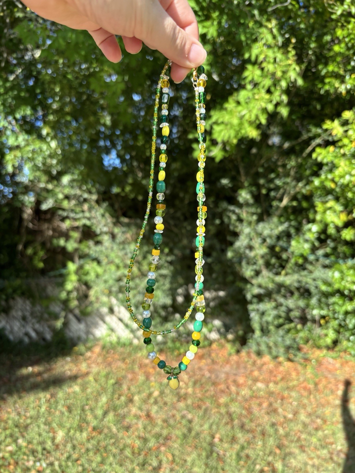 Handcrafted Beaded Glass Necklace Green with Lemon Charm