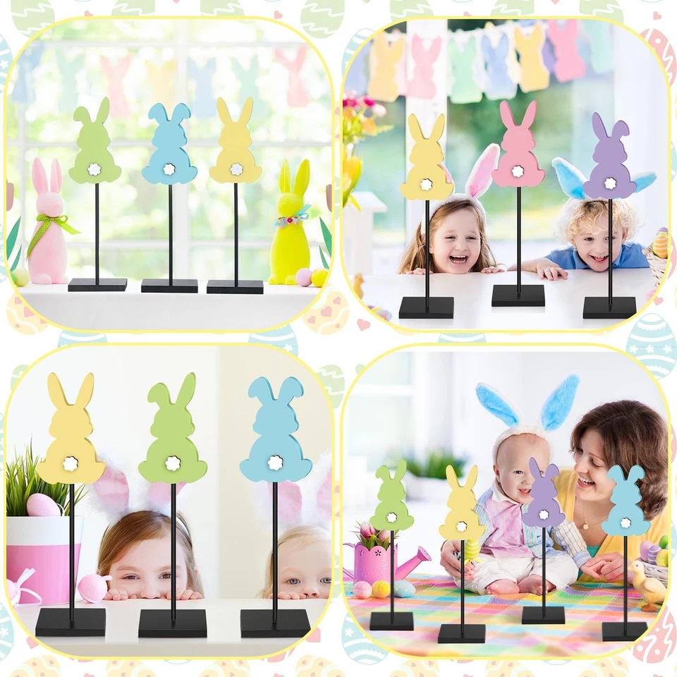 Mesa de pie de Pascua de madera decoración, conejito, huevo, conejo, bandeja en niveles, letrero Foto 4 de 4