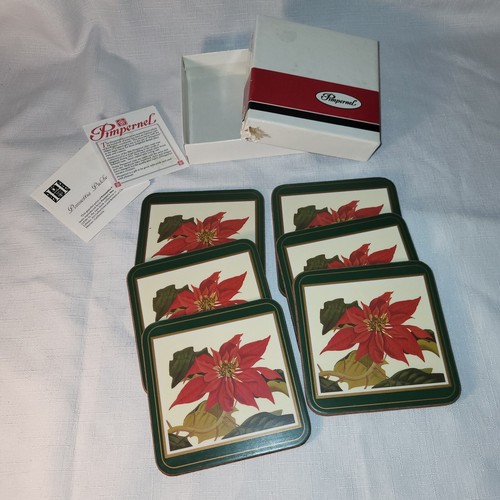 Pimpernel Poinsettia Pulcherrima Coasters Box Set Of 6 Cork Vintage Christmas  - Picture 2 of 9