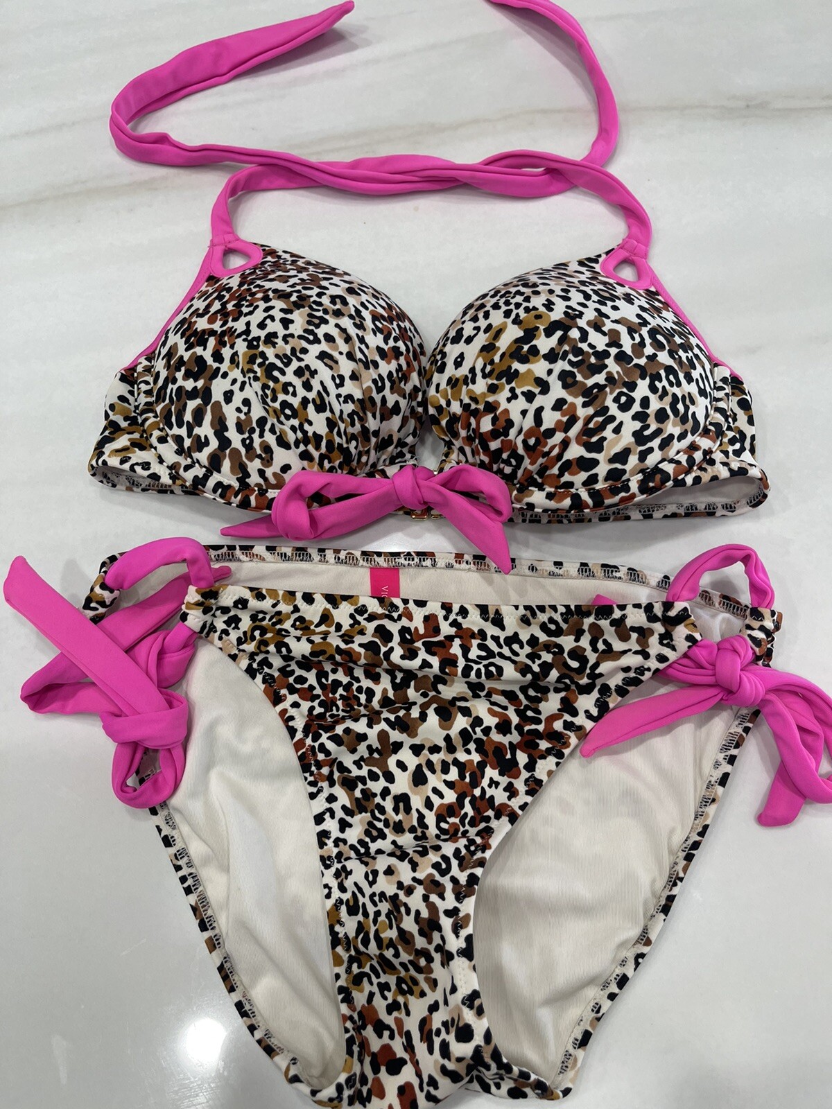 Victoria Secret Leopard Bombshell Bikini Top Adds 2 Cups 34A 34C &Bottom S RARE