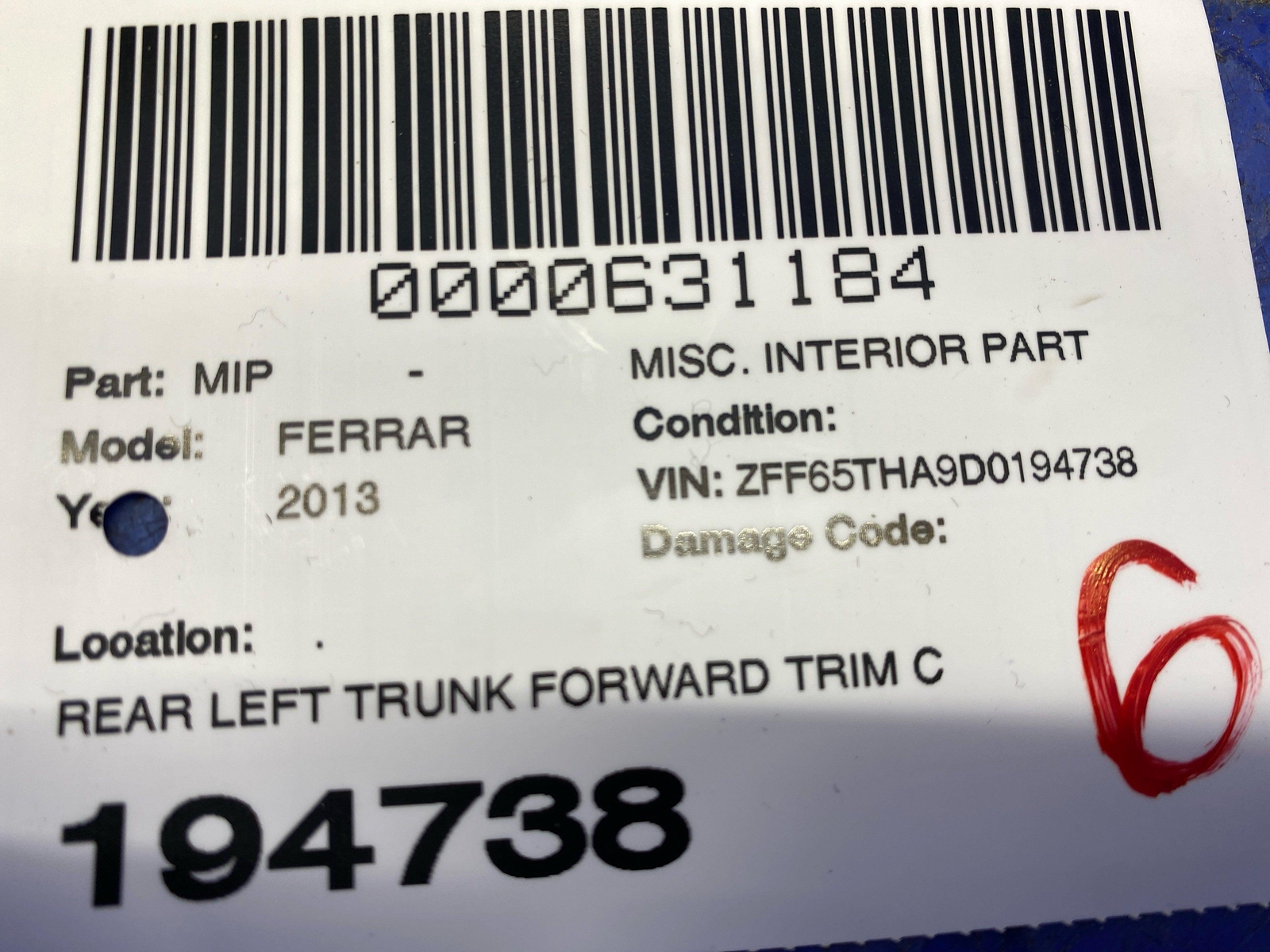 2008-2014 FERRARI CALIFORNIA REAR LEFT TRUNK FORWARD TRIM COVER PANEL CARPET