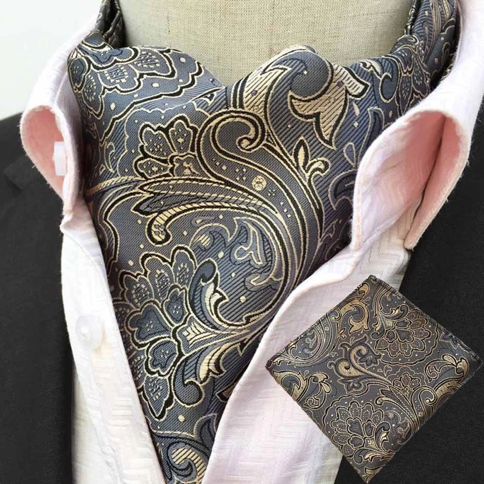 Hombres Formal Negocios Paisley Flores Corbata Ascot Corbata Pañuelo Bolsillo Cuadrado Conjunto Foto 3 de 4