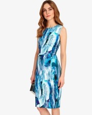 Phase Eight Blue Brush Stroke Marble Shift Dress, Slip Lined, Size 10 Midi. Vgc