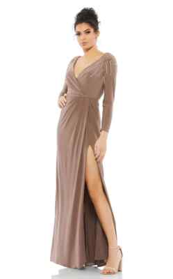 Mac Duggal Mocha Long Sleeve Faux Wrap Beaded Jersey Gown Size 16 $398