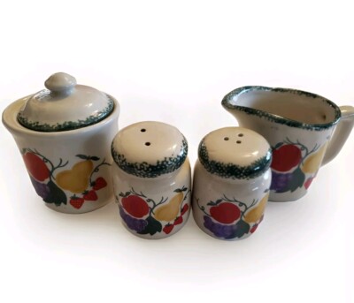Ceramic Salt & Pepper Shakers, Cream & Sugar Set Apple Pear Grapes Fruit Motif