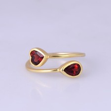 Dainty 18k Gold Plated Adjustable Ring With Heart Shape Garnet Gemstone Jewelry