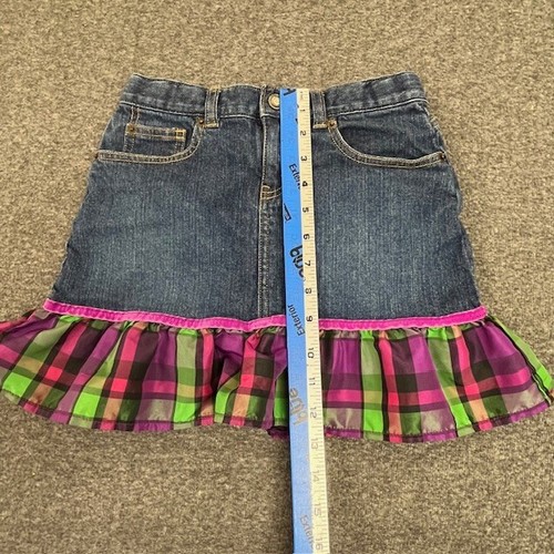 Gap Kids Denim Mini Skirt Size 8 Blue Plaid Fringe Stretch - Picture 9 of 12