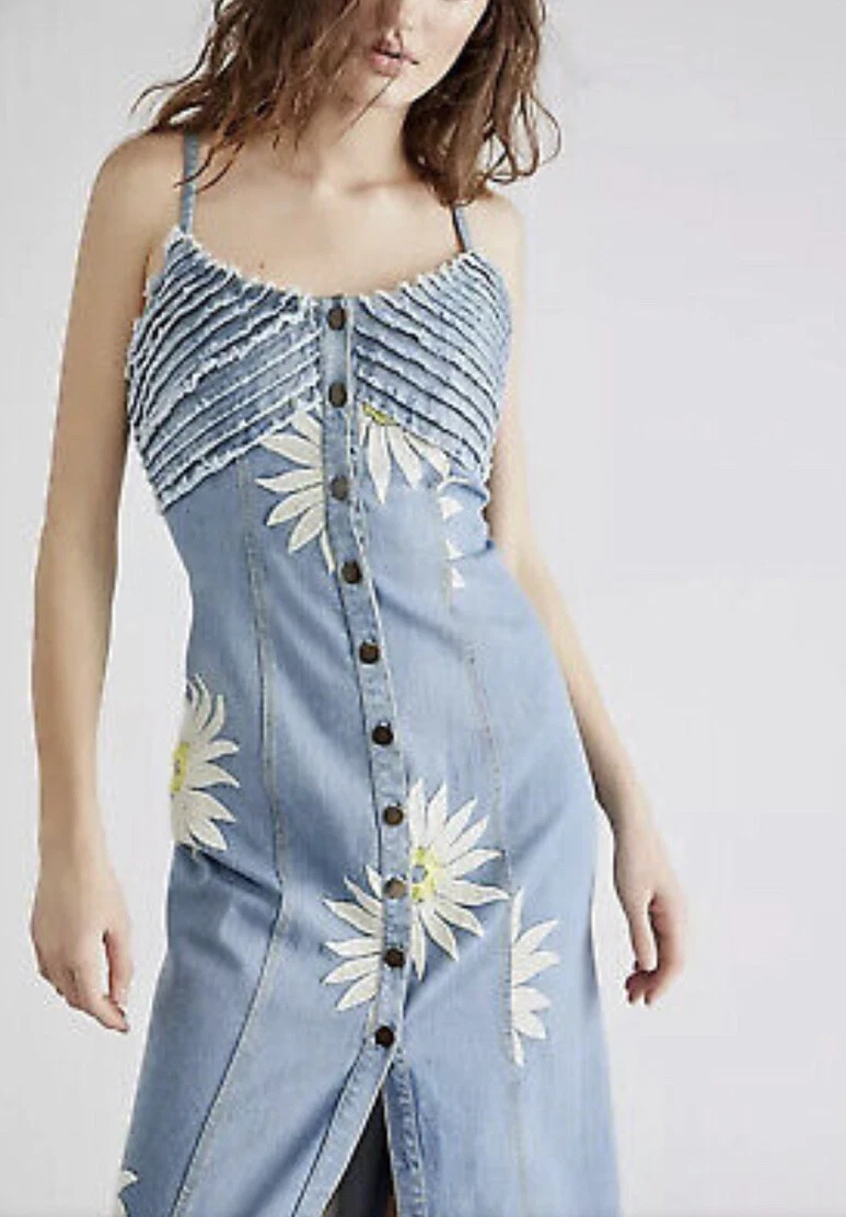Free People Maisie Midi Dress Denim Floral Embroider Fray Pleating Smock XS  NWT | eBay