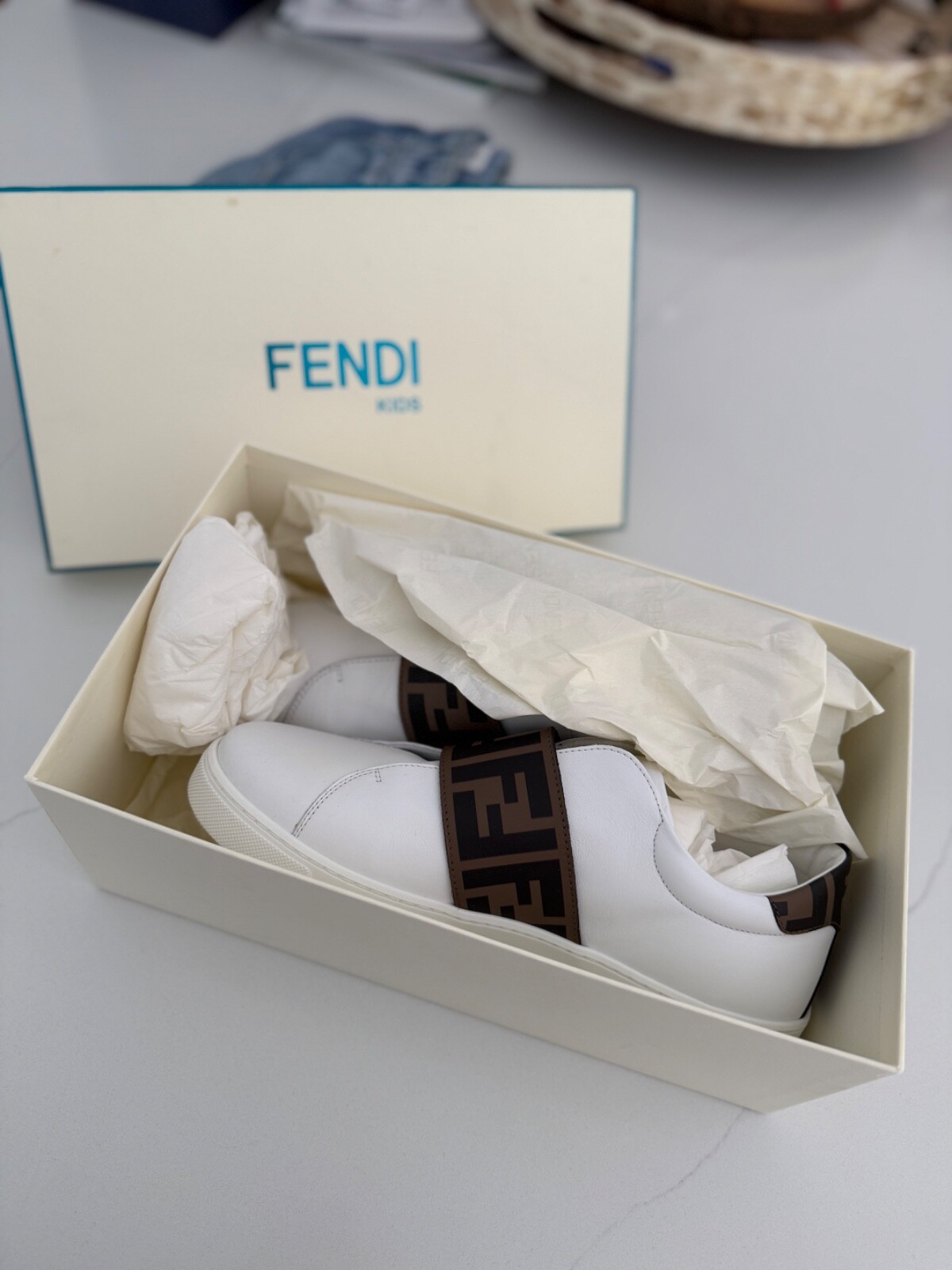Fendi Kids Unisex Monogram Strap Designer Casual Walking Fashion Sneakers NIB