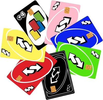 7-Pack UNO Card Credit Card Skin Stickers - Chip Cutout Only - Reverse, Skip, Wi