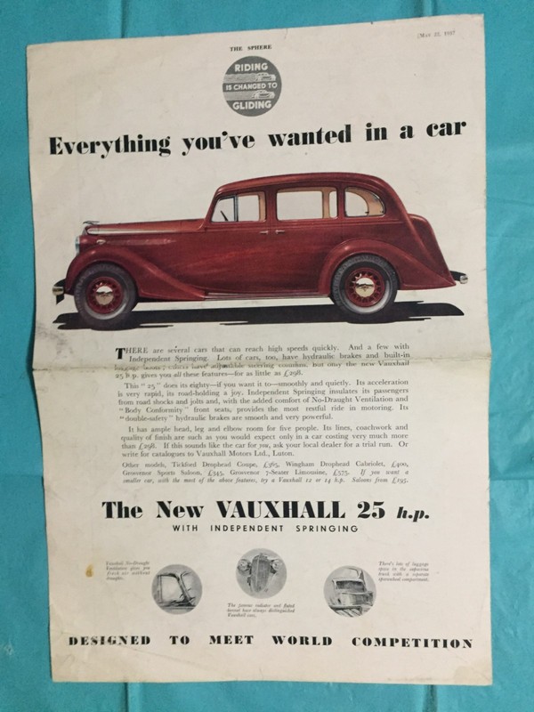May 22, 1937 VAUXHALL "5-PASSENGER SEDAN" British Car Dealer Brochure