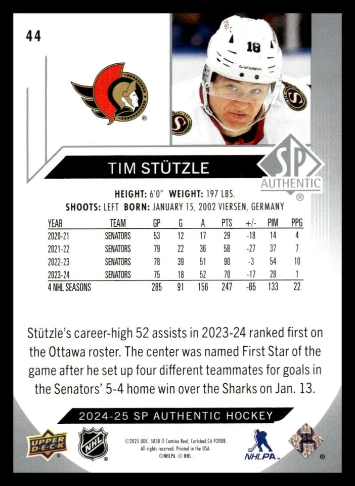 2024-25 UD SP Authentic Base 44 Tim Stutzle, Ottawa Senators - Image 2 of 2