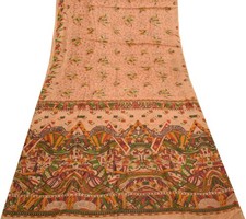 Sushila Vintage Peach Indian Saree 100 Pure Silk Printed Soft Craft Fabric