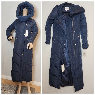 NWT Cole Haan Size XS Down Maxi Hooded Chevron Puffer Navy Coat Women's 