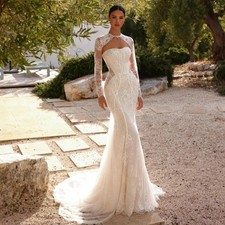 Lace Beaded Wedding Dresses Bow Detachable Sleeve Mermaid Strapless Bridal Gowns