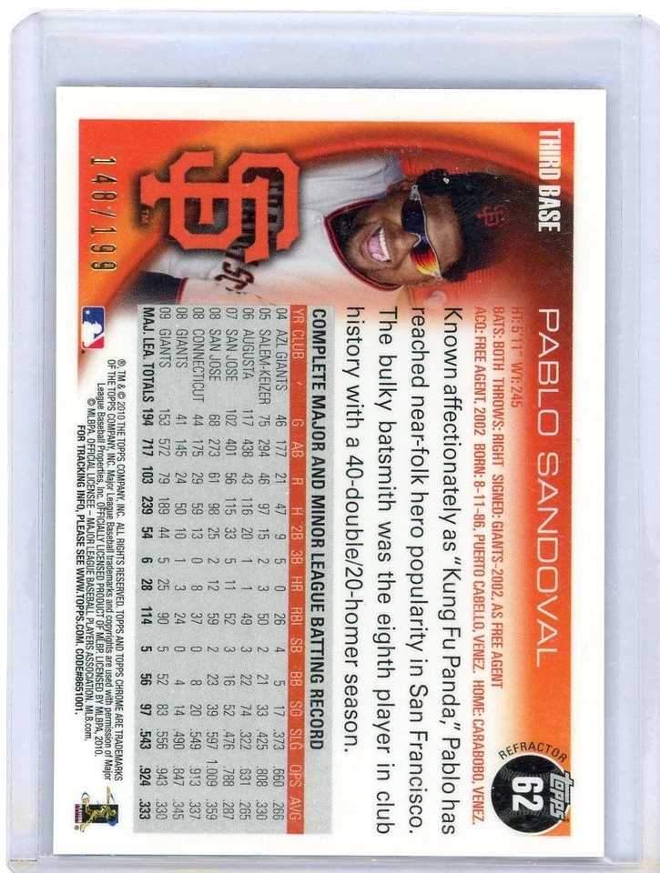 2010 Topps Chrome #62 Pablo Sandoval Blue Refractor 148/199 SF Giants - Image 2 of 2