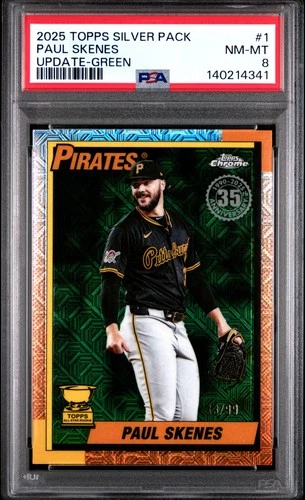 2025 Topps #U90C-1 Paul Skenes 1990 35th Anniv. Chrome Green PSA 8 33/99