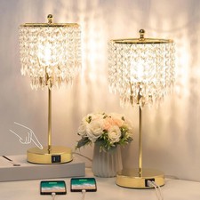 Crystal Table Lamp Set of 2, 3-Way Dimmable Nightstand Lamp with 2 USB Chargi...