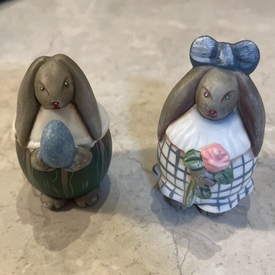 Easter Decor Dept 56 Egg Shaped Ceramic Boy Girl Bunny Rabbit 2-2  Handpainted